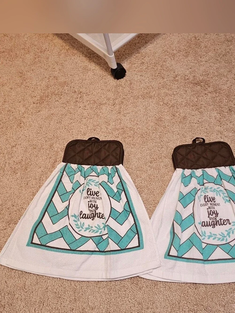 2 Handcrafted Potholders Attached To Towels | Brown, White + Teal | Chevron